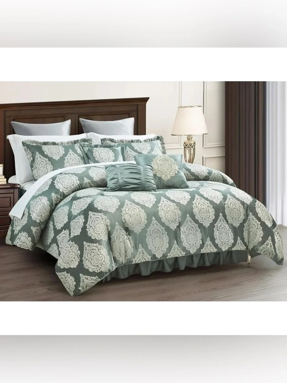 Elegant Sage Green Damask king 3 piece Comforter Set -